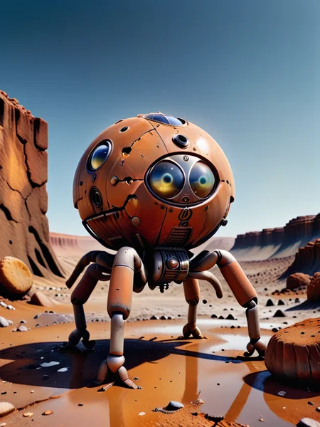 photo focus on (mars. outdoors:1.2) , robopop, graffiti , big head spiderbot . no humans, rock, roboafro, wig , lonely, fark, dark, (boxy:1.1)
<lora:Robopop:1>, absurdres, detailed, macro details, 8k, hyper realistic, texture surface details, key visual, hdr, simple background, by, form, orange green red blue theme, film, professional, 4k, highly detailed, grit, (rust:0.65), cracks, cracked surface, subtle messy, dust, weary, edges rusty dusty, surface scratches, peeled sun bleeched paint, smudges, crumbles, rugged, used, wimmel bild, powerful imagery, landscape photography, hyperrealism, daz 3d genesis iray, trending,