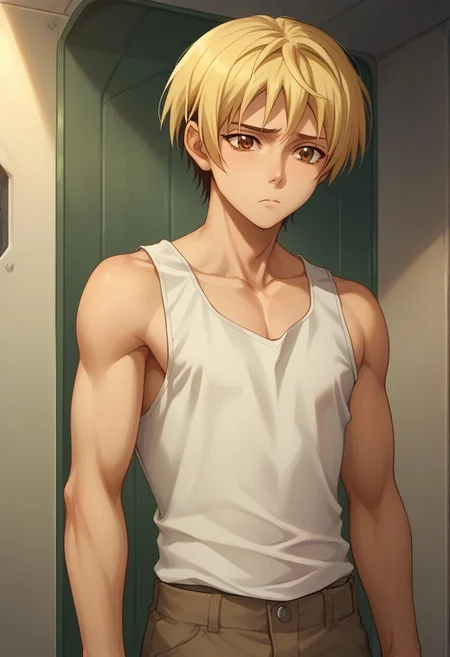 score_9, score_8_up, score_7_up, source_anime, highly detailed,
takaki, 1boy, male focus, solo, blonde hair, pants, brown eyes, tank top, white tank top, upper body, slender, sad,
indoor, hangar,