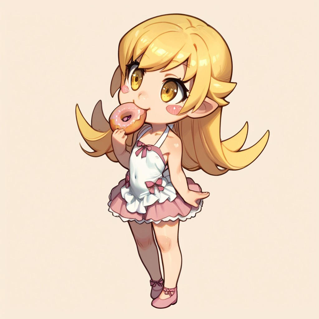 cute , Oshino_Shinobu , yellow_eyes, blonde_hair, long_hair, flat_chest, pointy_ears, blush_stickers, white_dress , Chibi , eating donut , full body , 
zPDXL3 , score_9 , score_8 , score_7 , score_6_up , highly detailed , high quality , high res , masterpiece, quality highlights, 8k detail, ultra-detailed,