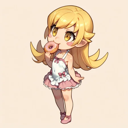 cute , Oshino_Shinobu , yellow_eyes, blonde_hair, long_hair, flat_chest, pointy_ears, blush_stickers, white_dress , Chibi , eating donut , full body ,
zPDXL3 , score_9 , score_8 , score_7 , score_6_up , highly detailed , high quality , high res , masterpiece, quality highlights, 8k detail, ultra-detailed,