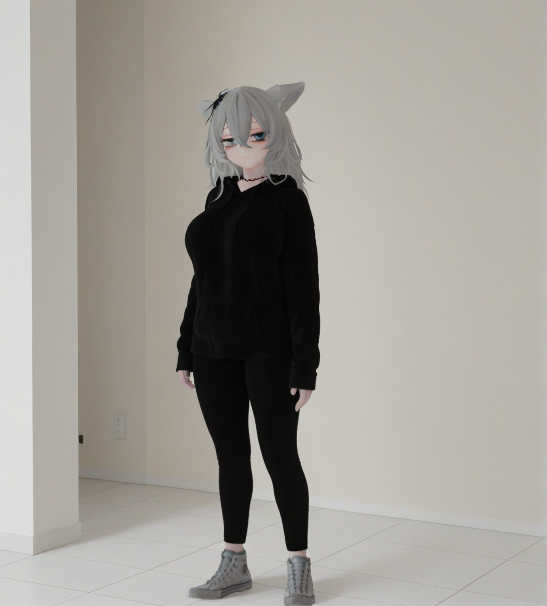 <lora:Mmmm_wolf_girl:1>,1girl, huge breasts, 
Mmmm wolf girl,animal ears,wolf ears,long hair,grey hair,hair between eyes,crossed bangs,grey eyes,heterochromia,
hair ornament,
necklace,
black hoodie,sleeves past wrists,
black pants,
grey sneakers,
very awa, masterpiece, best quality, highres, absurdes,amazing quality,very aesthetic,intricate details, <lora:hand 5.5:1>