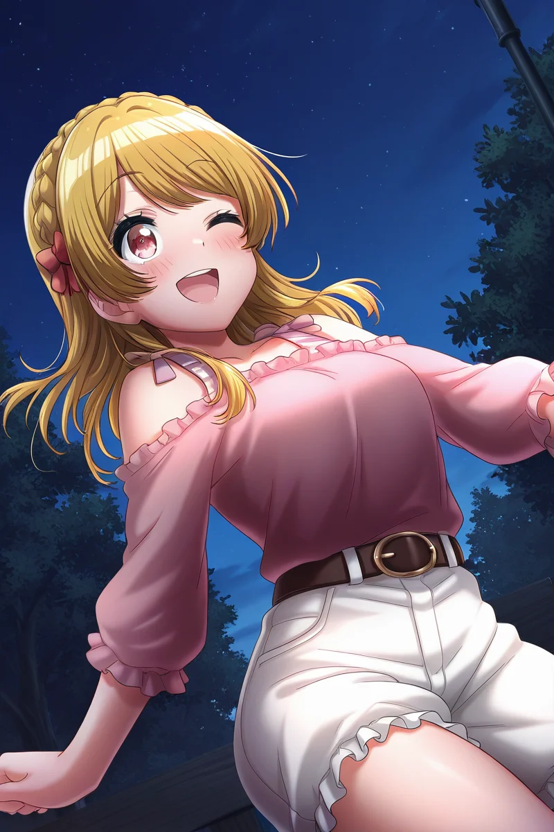masterpiece, best quality, amazing quality,
<lora:RinkuV2_IL:1> rinku, 1girl, one eye closed, braid, shirt, blonde hair, white shorts, smile, shorts, solo, belt, open mouth, outdoors, pink shirt, night, crown braid, sky, casual
