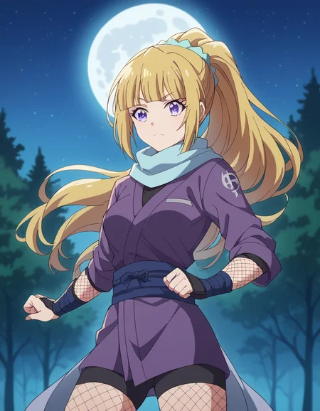 score_9, score_8_up, score_7_up, source_anime, keikaruizawa, <lora:kei-karuizawa-anime-s2-ponyxl-lora-nochekaiser:1>, kei karuizawa, long hair, bangs, blunt bangs, purple eyes, blonde hair, hair ornament, ponytail, scrunchie, blue scrunchie, medium breasts,, <lora:ninja-ponyxl-lora-nochekaiser:1>, ninja, fishnets, scarf,, moon, night, forest, trees,, cowboy shot