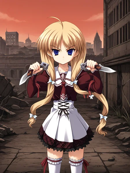 1girl, solo, yukiponeleeyes, blonde hair, long hair, low twintails, low-tied long hair, hair ribbon, ahoge, blue eyes, kouryoukan_academy_school_uniform, frilled thighhighs, standing, cowboy shot, serious, empty eyes, fighting stance, holding, weapon, knife, (dual wield:1.2), reverse grip, outdoors, city, ruins, red sky