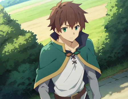 score_9, score_8_up, score_7_up, source_anime,
kazumasatou, <lora:kazuma-satou-s2-ponyxl-lora-nochekaiser:1>,
kazuma satou, short hair, brown hair, green eyes, male focus,
shirt, long sleeves, white shirt, belt, pants, capelet, brown belt,
outdoors, nature,
looking at viewer, dutch angle, cowboy shot,