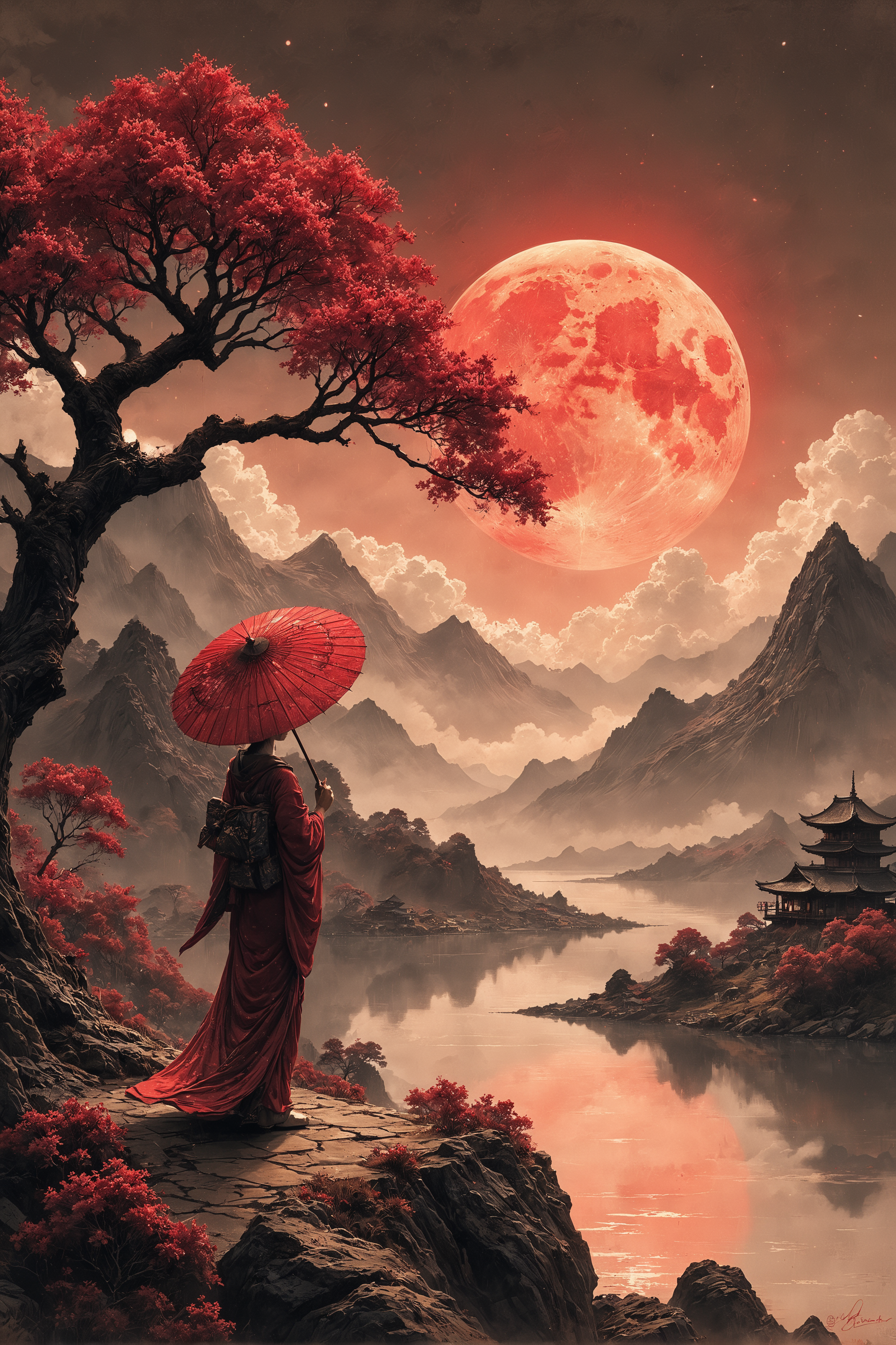 Ink illustration, (anime:0.5), brown tones, aged black red paper, inkpunk, moonlight,surreal, a  landscape somewhere in japan, 1 asian  geisha with umbrella, apanese style houses, mountains and a lake, (at a distance), Will-o'-the-wisp,red moonlit, solitude, windy,  OverallDetail, extremely detailed, UHD,(long exposure , dystopian but extremely beautiful:1.4) ,masterpiece, award winning,.<lora:FredFraiStyle-FLUX-Share>