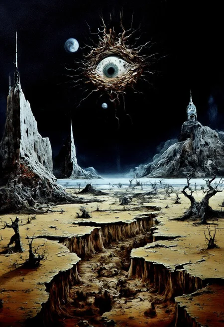 A Surr3@l, nightmarish, twisted landscape stretches out beneath a black, starless sky. The ground is cracked and broken, made of jagged, pulsating flesh and bone, with veins of molten lava snaking through the terrain. Towering structures resembling distorted skulls and rib cages rise from the ground like warped monuments to forgotten gods. In the distance, grotesque creatures crawl and slither—some with too many limbs, others with no faces, their flesh stretched and torn, leaking black ichor as they move. Their bodies twist and contort in impossible ways, driven by unseen forces.
Where the moon should be, a massive, glowing **all-seeing eye** hovers in the sky, its pupil a swirling vortex of chaotic energy. The eye scans the landscape, its gaze burning with an unsettling, otherworldly light, as if it knows every secret, every fear. Around the eye, tendrils of darkness spiral out, spreading across the sky like cracks in reality itself. The air hums with the sound of distant whispers, growing louder as the eye focuses on anyone daring to look back at it.
In this realm, time and space have no meaning, and every step through the twisted landscape brings you closer to madness.