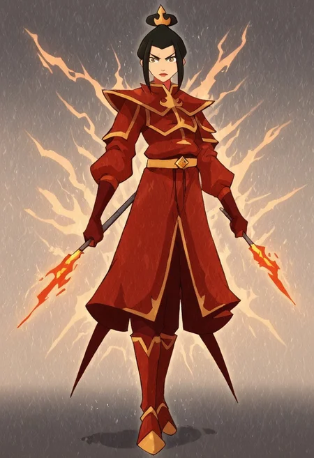 Azula, the fierce and cunning firebender, stands confidently at the center of the scene, wielding a bolt of lightning in her hand. Her eyes are sharp and intense, reflecting her unwavering determination and strategic mind. She is dressed in her traditional Fire Nation armor, which glows with shades of deep red and black, accented by golden details. Her long, dark hair flows behind her like a trail of smoke, subtly moving as if stirred by an unseen breeze. The background is a dramatic, volcanic landscape under a blood-red sky, with molten lava flowing across jagged rocks and plumes of dark smoke rising into the air. Blue flames dance around her, highlighting her unique firebending abilities and adding a contrasting, electric blue hue to the predominantly warm color palette. The atmosphere is charged with tension and raw power, as Azula embodies the dangerous and unpredictable force of fire and lightning. Her stance is both regal and intimidating, conveying a sense of control and command over the elements she wields. The image should be rendered in maximum ultra-high-definition quality, with detailed textures and ultra-realistic lighting to capture the glow of the flames, the sharpness of the lightning, and the intensity of the scene. The special effects should emphasize the crackling energy of the lightning and the heat of the flames, creating a dynamic 8K high-definition image with realistic lighting to enhance the dramatic and powerful atmosphere.