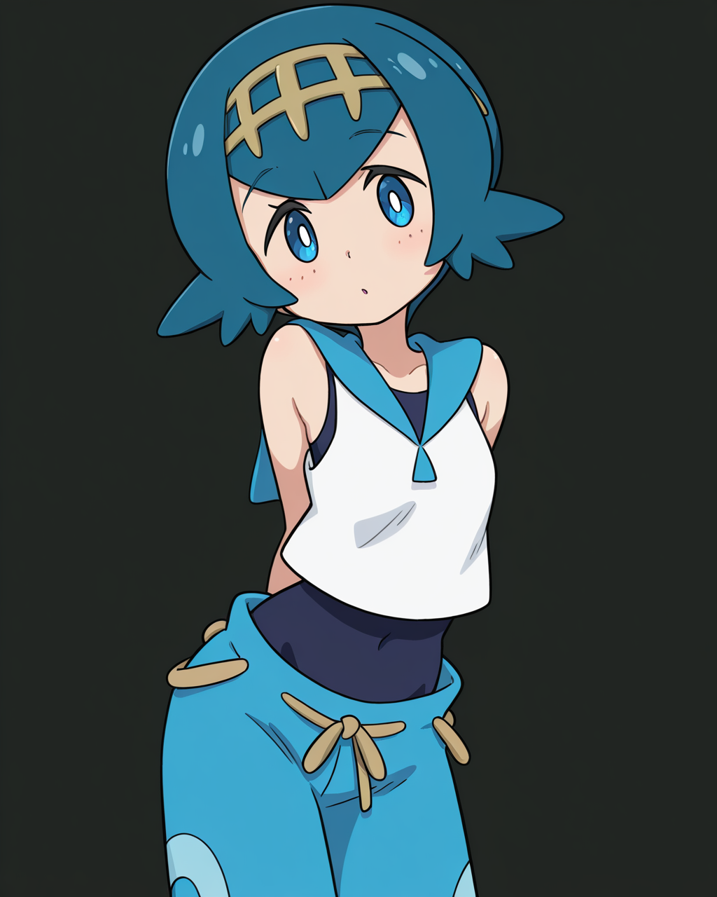 1girl, solo, lana \(pokemon\), blue hair, yellow hairband, blue eyes, white pupils, sleeveless shirt, white shirt, blue pants, swimsuit under clothes, ketsumoa, looking at viewer, cowboy shot, simple background, black background, masterpiece, best quality, very aesthetic, absurdres