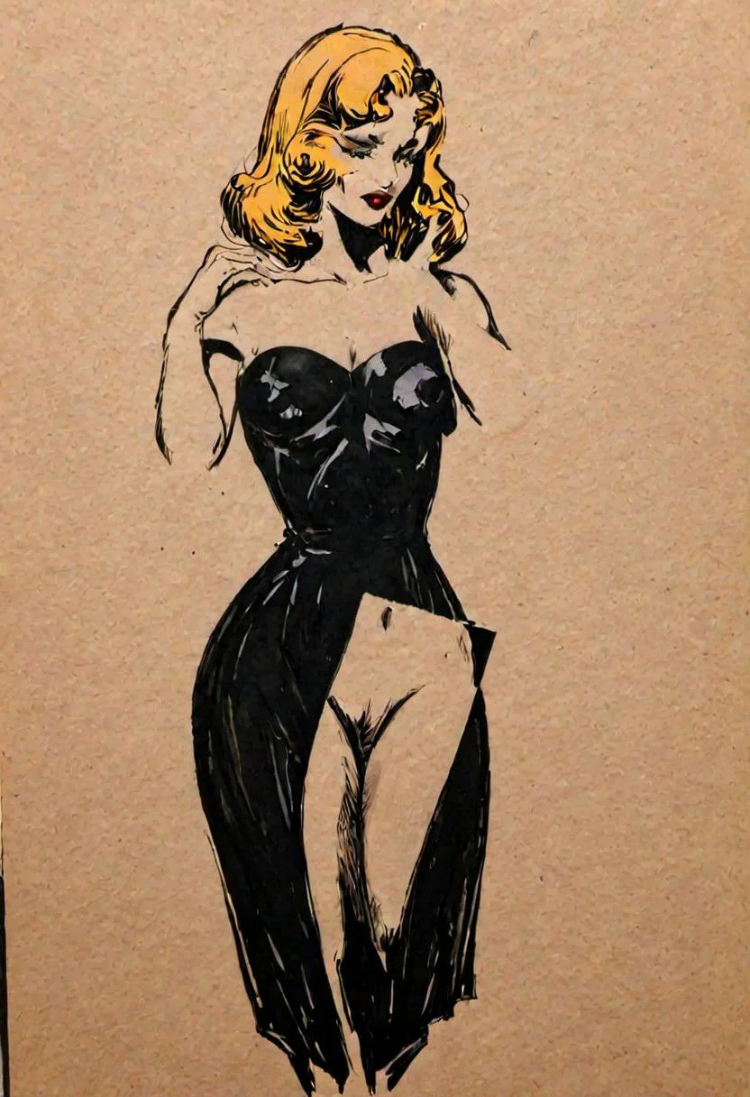 majikfone, taking a photo of a comic book illustration of a woman in a black dress, by Roy Krenkel