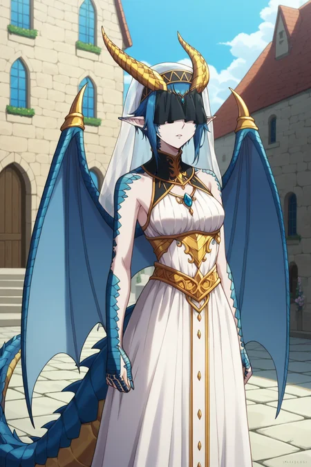 score_9, score_8_up, score_7_up, source_anime, 1girl, prefect lighting, very aesthetic, intricate details, highly detailed background, masterpiece, high quality, prefect hands, best quality, solo,
<lora:Skadi_Dragenfelt_Monster_Girl_Doctor_V1:.85>, KJOskadi, dragon girl, monster girl, dragon tail, scales, blue hair, horns, blue eyes, slit pupils, pointy ears, short hair, long ears, pale skin, wings,
dress, covered eyes, veil,
arm at side, expressionless, parted lips,
medieval town, stone road, buildings, fountain,
(Beautiful, medium Breasts:1.2), natural breasts,