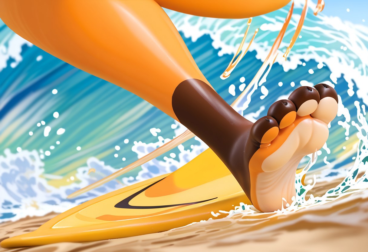 score_9, score_7_up, source_furry, rating_safe, solo,  <lora:POKEMON_RAICHU_r1:1> raichu, pokemon, brown toes, brown feet, tan soles, pokemon (creature), 3 toes, foot focus, feet style, foot style, water, surfing, feet on surfboard, wet on feet, close-up