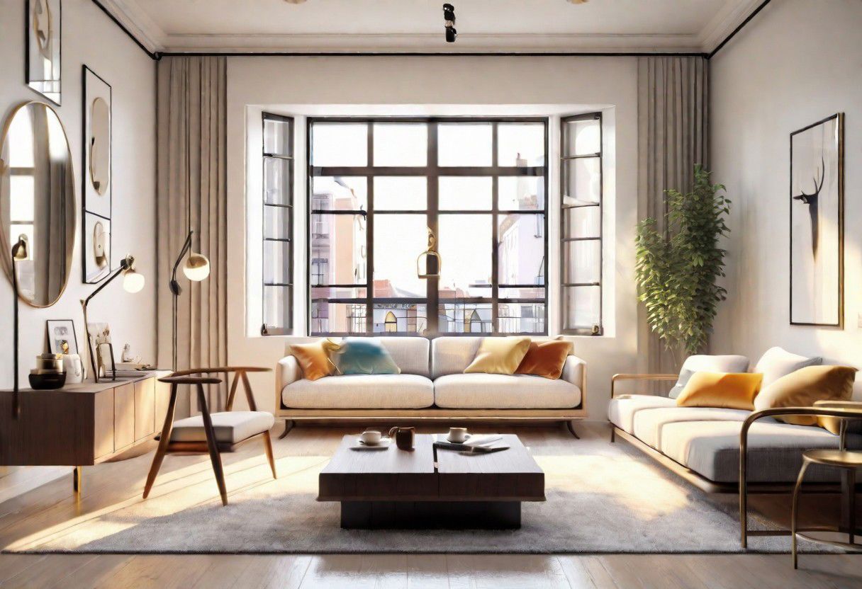 ((front view)), Shallow scene, ((animation style)), modern-style interior, with white walls, (large windows), Nordic-style furniture, a  study, Sofa, coffee table, bookcase, single wall, 
warm light morning sun, (the view of the city)