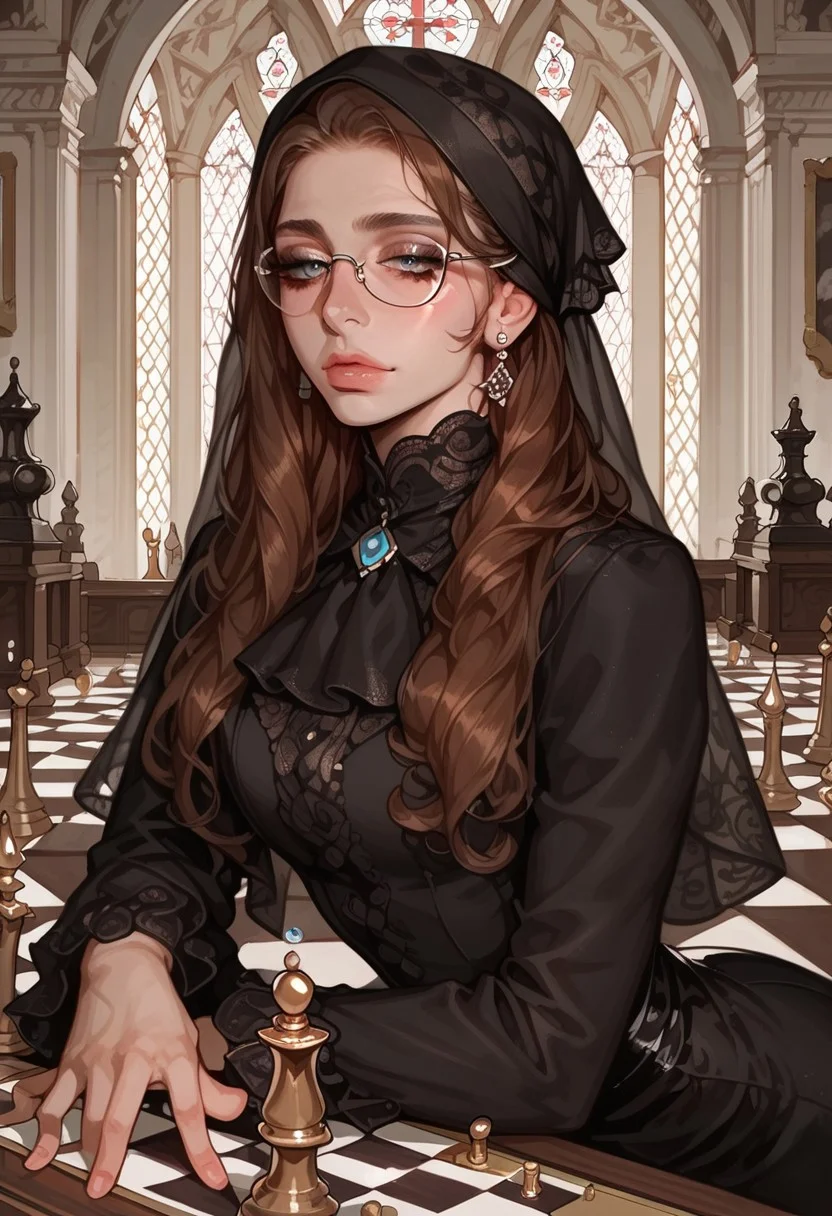 score_9, score_8_up, score_7_up, 1girl, solo, long hair, brown hair, glasses, chessboard, intellectual, focused expression, black sheer dress, floral pattern, detailed embroidery, seated, professional setting, concentration, thoughtful pose, competitive, background blur, chess pieces, earrings, headscarf, subtle makeup, high-quality, elegant style, indoor, soft lighting, feminine, intelligence, strategy, game of chess, black dress, board game, looking at chessboard, intricate design, sophisticated atmosphere