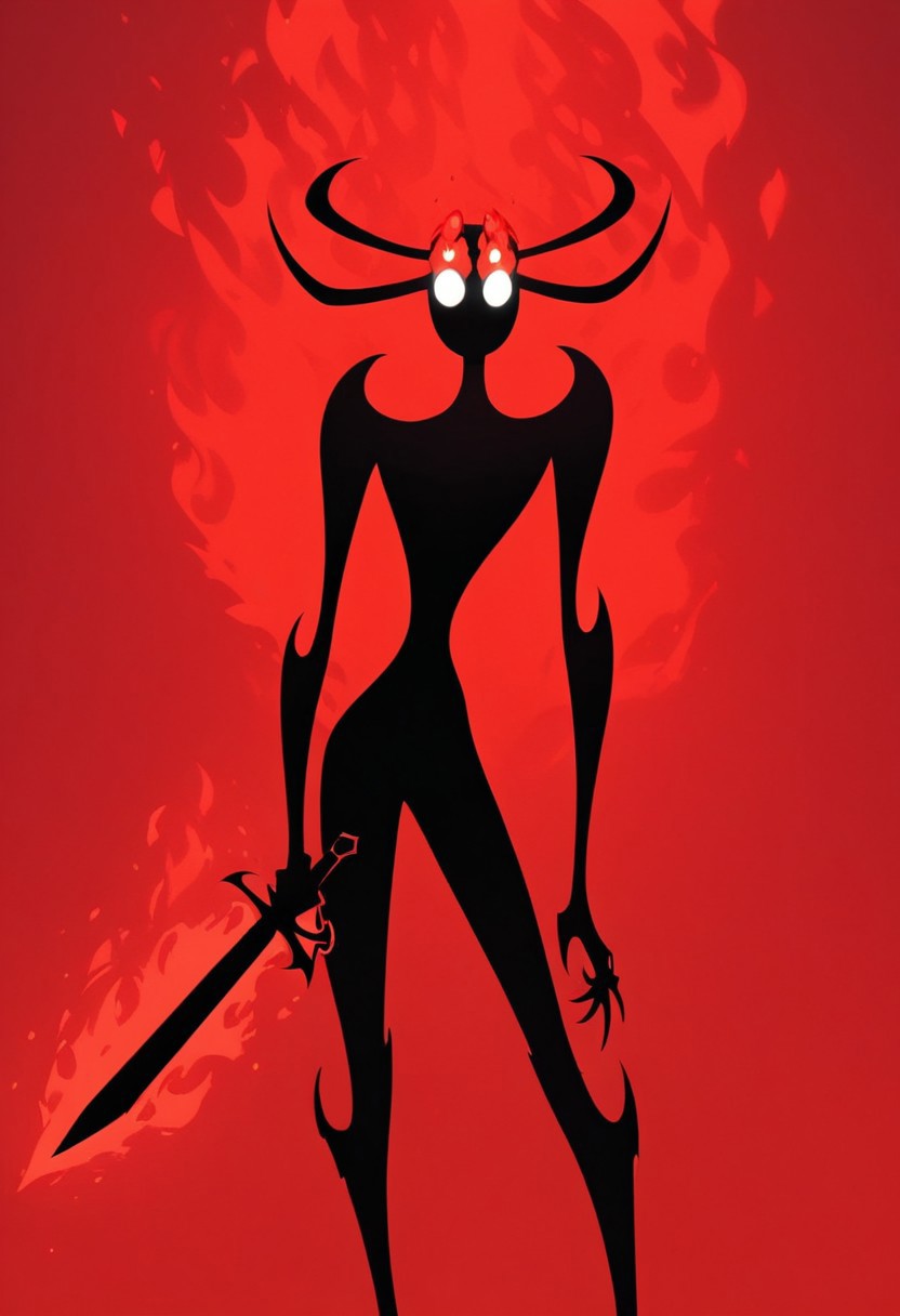 score_9, score_8_up, score_7_up, solo 1girl, solo,  Expressiveh, (CorruptAshi, Demon Humanoid, White Eyes, No Pupils, Fire Eyes, Black Body, Mouthless, no mouth, Toeless, standing, black sword, fiery sword, holding sword in one hand), red background, looking at viewer, female focus, cowboy shot, looking at viewer, simple background, 4k, masterpiece, best quality, highly detailed, realistic