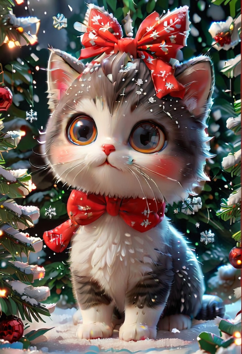 Festive, snowflake, kitten, big eyes, red bow, close-up, snowflakes falling, Christmas tree in the background, solo, cute and healing