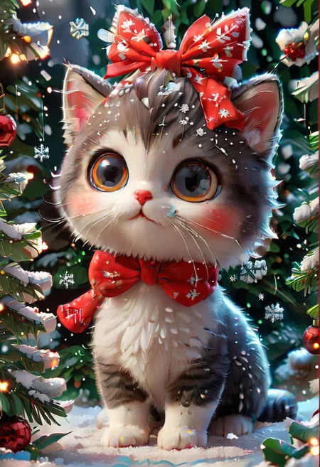 Festive, snowflake, kitten, big eyes, red bow, close-up, snowflakes falling, Christmas tree in the background, solo, cute and healing