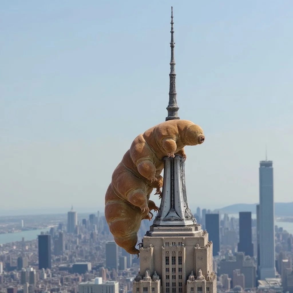 A giant tardigrade clinging to the spire on the top of the Empire State Building as it climbs, side view
