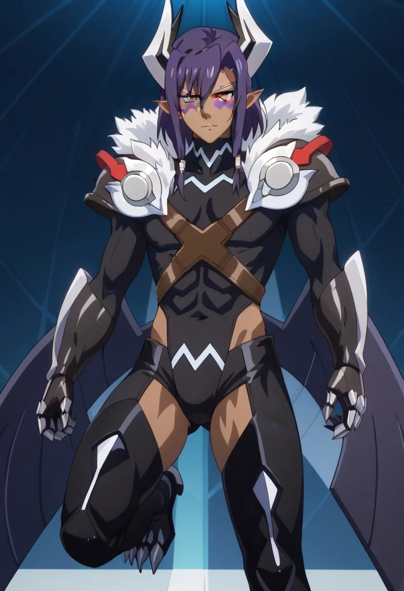 ((masterpiece)), ((best quality)), ((ultra-detailed)), ((absurdres)), score_9_up, score_8_up, score_7_up,
HD, top quality, best quality, amazing quality, High-quality illustrations, anime screencap, source_anime, best aesthetic, perfect proportions, perfect eyes, 1boy, 1male, solo boy, solo male, male focus, solo male focus, Anime, boy, male anime character, anime boy, handsome, attractive, cute, charming, sexy, hot, easynegative, Expressiveh, neghands, updn, Leohart, purple hair, blue eyes, long pointed ears, dark skin, horns, skintight black bodysuit, black brief, exposed groin, arm blades, talons, white fur hood, thigh boots, feet claws, large metal wings, ((flying)), ((attacking forward))