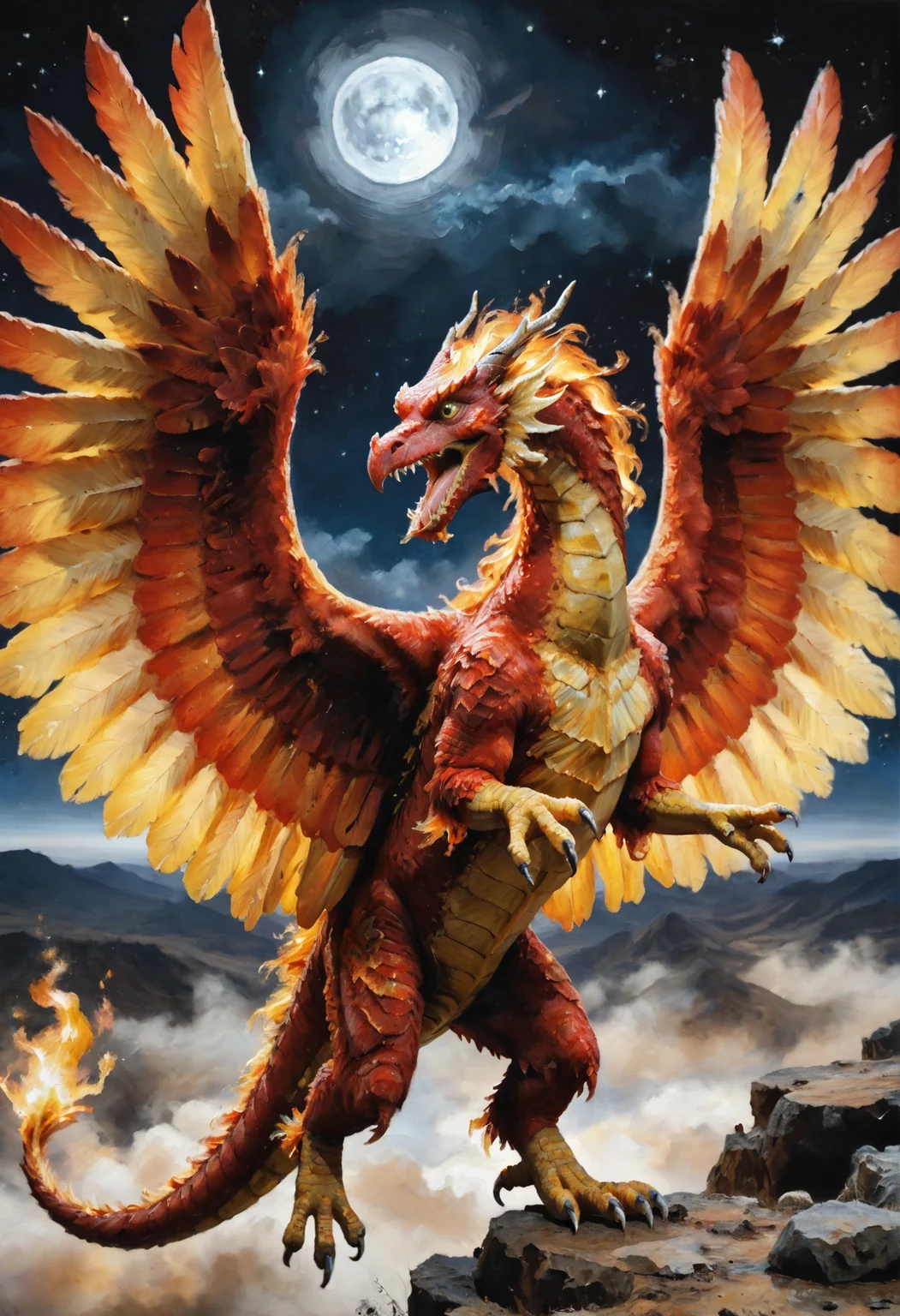 score_9, score_8_up, score_7_up, BREAK,
heroes2, phoenix, avian, (dragon:1.1), wings, wings up, flying, red feathers, yellow eyes, mouth open, solo, tail,
BREAK, night, sky, stars, full moon, detailed, abstract, epic,
, <lora:HoMMv6_S98:0.8>, <lora:Eldritch Oil Style LoRA_Pony XL v6:1> oil painting, traditional media, realistic,