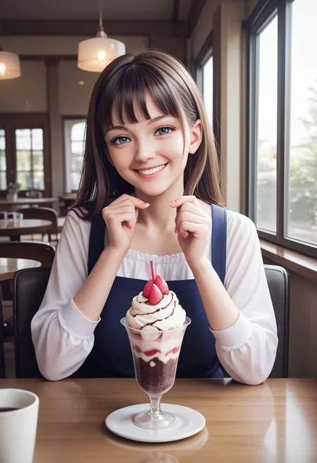 score_9, score_8_up, score_7_up,CONCEPT_PovDating_ownwaifu, 1girl, cup, smile, window, looking at viewer, indoors, pov across table, cafe, sitting, parfait, food, ice cream, upper body, chair, saucer, pov dating,