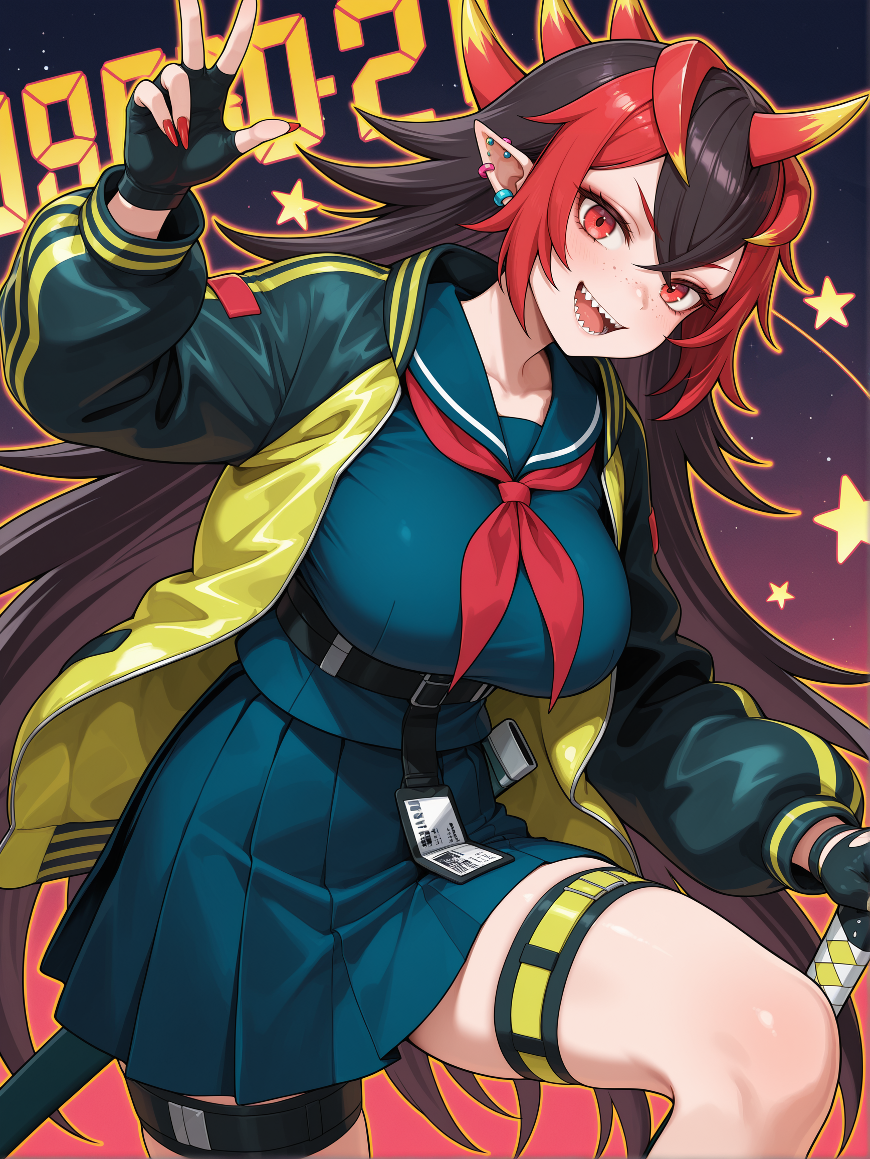 you're finished, oni girl, 1girl, solo, red nails, sharp teeth, large breasts, open mouth, looking at viewer, smile, freckles, star \(symbol\), ear piercing, yellow jacket, blue serafuku, red neckerchief, blue pleated skirt, black fingerless gloves, hand on hilt, sheathed, digital number,
masterpiece,best quality,amazing quality,very aesthetic,absurdres,newest,<lora:You're Finished illusXL v1:0.74>,