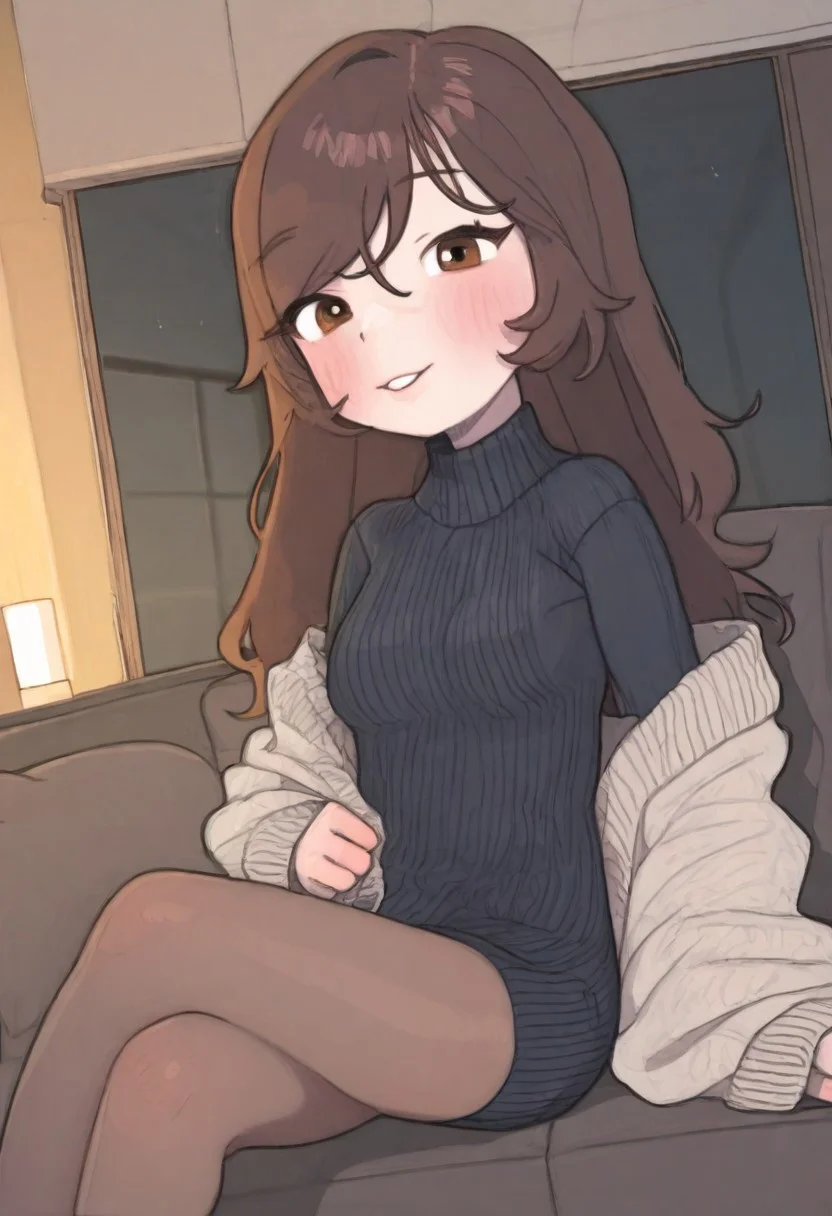 masterpiece, best quality, 1girl, <lora:BekBry:0.8> bekbry, brown eyes, brown hair, long hair, swept bangs, petite, black sweater, sweater dress, sweater pulled up with hands, breasts showing, pantyhose, sitting, crossed legs, dutch angle, looking at viewer, smile, parted lips, apartment, living room, window with railing, <lora:PossumMachine_v2:0.9> possmach, traditional media, colored pencil \(medium\), graphite \(medium\), petite,