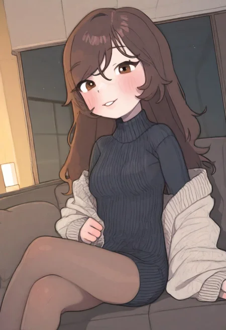 masterpiece, best quality, 1girl, <lora:BekBry:0.8> bekbry, brown eyes, brown hair, long hair, swept bangs, petite, black sweater, sweater dress, sweater pulled up with hands, breasts showing, pantyhose, sitting, crossed legs, dutch angle, looking at viewer, smile, parted lips, apartment, living room, window with railing, <lora:PossumMachine_v2:0.9> possmach, traditional media, colored pencil \(medium\), graphite \(medium\), petite,