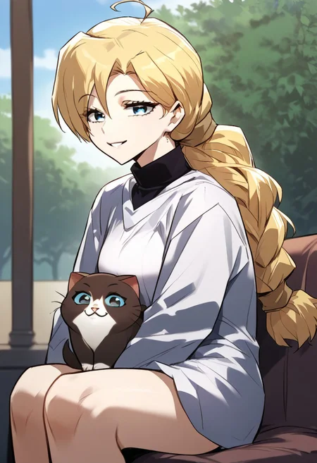 zPDXL3, score_9_up, score_8_up, score_7_up, (Anime_source), 1girl, KirilParreira, blue eyes, blonde hair, long hair, single braid, sitting, from side, cat sitting on lap, cowboy shot, looking at viewer, smile, parted lips