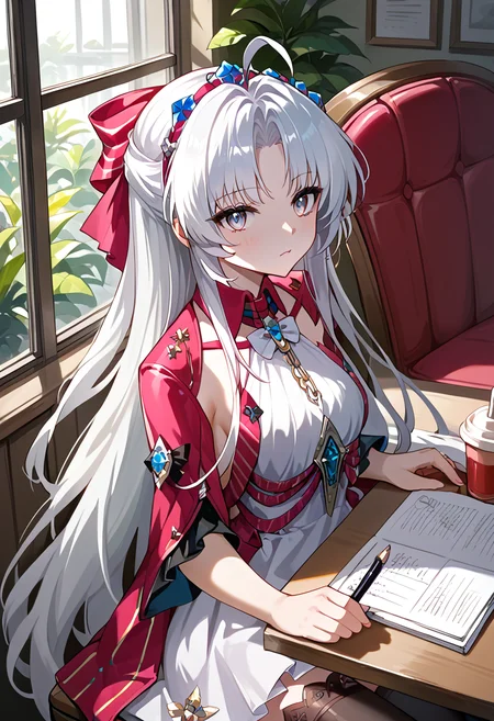 score_9, score_8_up, score_7_up, BREAK source_anime, (masterpiece), (best quality), 1girl, long hair, white hair, ahoge, dress, thighhighs, closeup upper body, sitting on chair, cafe, notebook on table, grabbing a pen, (from above:0.6), (from side:0.6), (ultra detailed), shine, looking at viewer, no emotion, bicolored eyes, sunlight, <lora:carlotta(wuwa)-V1:1>
