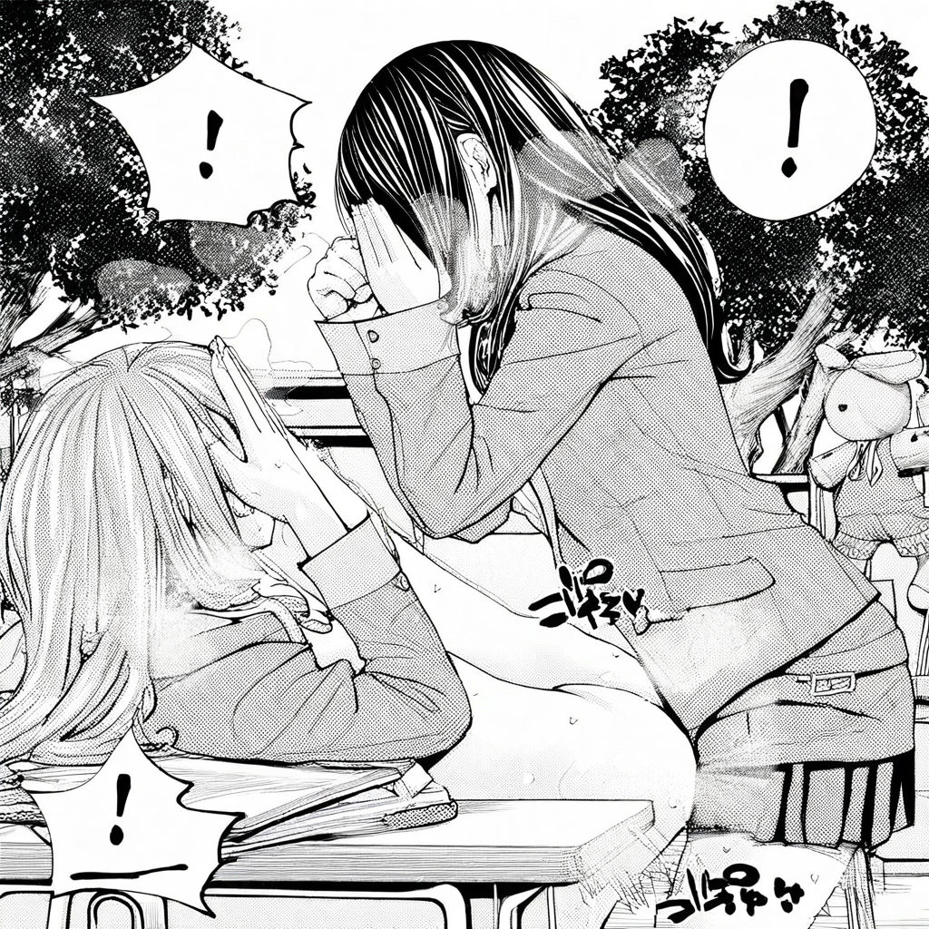 school desk, face-to-face, spoken exclamation mark, breath, blazer, 1koma, alternate hairstyle, singing, topless, stuffed toy, doggystyle, yuri, sweat, outdoors, covering face, irrumatio, tree, cunnilingus
