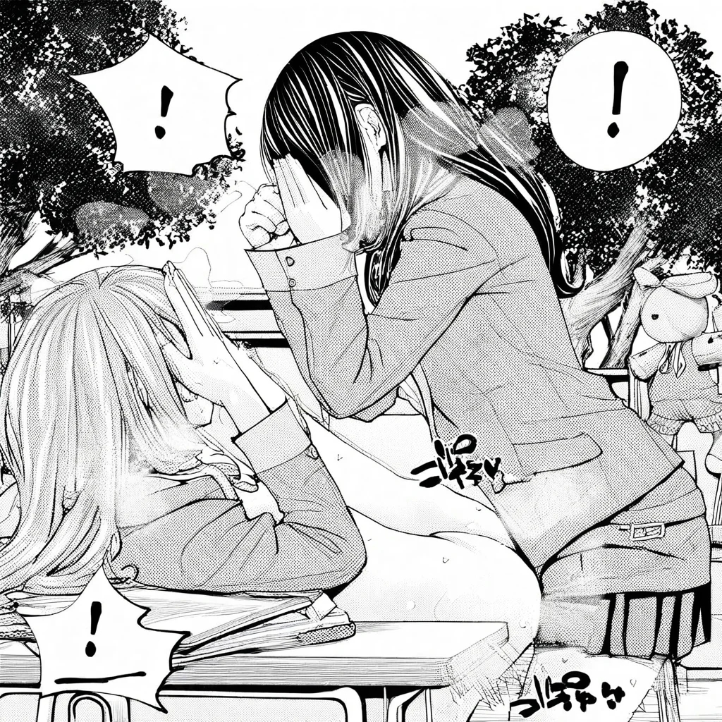 school desk, face-to-face, spoken exclamation mark, breath, blazer, 1koma, alternate hairstyle, singing, topless, stuffed toy, doggystyle, yuri, sweat, outdoors, covering face, irrumatio, tree, cunnilingus