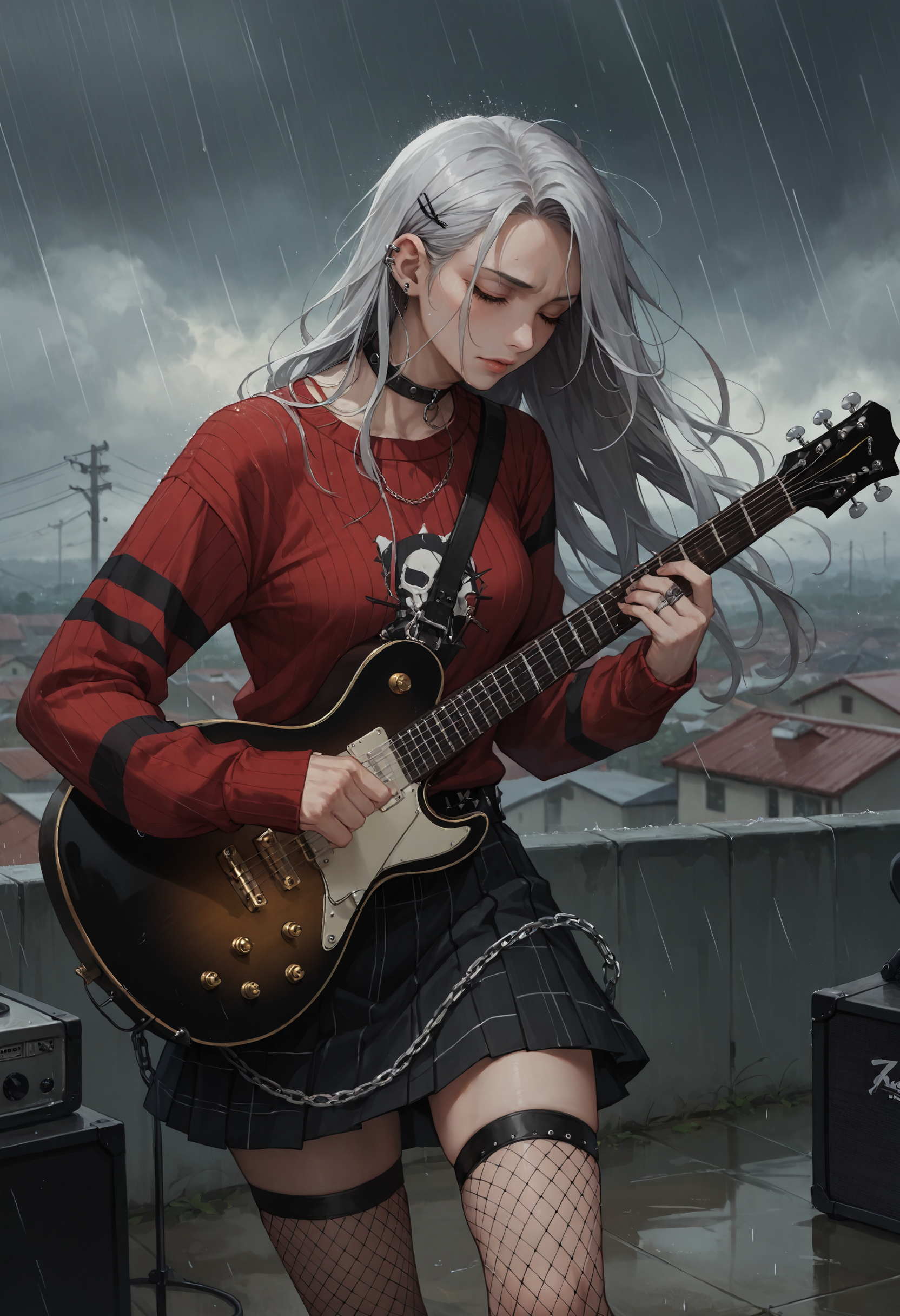 score_9, score_8_up, score_7_up, score_6_up, score_5_up, score_4_up, source_anime, high res image, masterpiece, best quality, 1girl, solo, <lora:Kazuki Dora V2:0.8> Kazuki, silver hair, long hair, closed eyes, head down, concentrating, furrowed brow, rain, overcast, downpour, depth of field, rooftop, <lora:StS_age_slider_v1_initial_release:2> <lora:Concept Art Twilight Style SDXL_LoRA_Pony Diffusion V6 XL:0.8> concept art, <lora:electric_guitar___playing_instrument:1> playing_instrument, electric_guitar, HDA_EmoFashionXL,