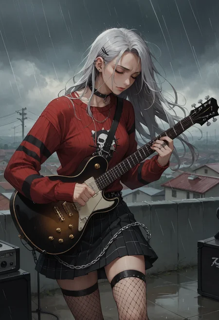 score_9, score_8_up, score_7_up, score_6_up, score_5_up, score_4_up, source_anime, high res image, masterpiece, best quality, 1girl, solo, <lora:Kazuki Dora V2:0.8> Kazuki, silver hair, long hair, closed eyes, head down, concentrating, furrowed brow, rain, overcast, downpour, depth of field, rooftop, <lora:StS_age_slider_v1_initial_release:2> <lora:Concept Art Twilight Style SDXL_LoRA_Pony Diffusion V6 XL:0.8> concept art, <lora:electric_guitar___playing_instrument:1> playing_instrument, electric_guitar, HDA_EmoFashionXL,