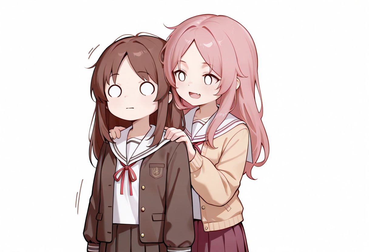 lazypos, girl focus, multiple girls, 2girls, school uniform, brown hair, fang, long hair, skirt, white background, long sleeves, simple background, pink hair, neck ribbon, open mouth, solid circle eyes, o_o, :d, smile, shirt, behind another, pleated skirt, serafuku, motion lines, parted bangs, jacket, closed mouth, ribbon, looking at another, hands on another's shoulders, arms at sides, AkiFnStyle, YoruuStyle