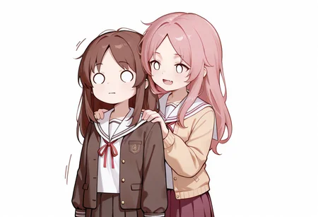lazypos, girl focus, multiple girls, 2girls, school uniform, brown hair, fang, long hair, skirt, white background, long sleeves, simple background, pink hair, neck ribbon, open mouth, solid circle eyes, o_o, :d, smile, shirt, behind another, pleated skirt, serafuku, motion lines, parted bangs, jacket, closed mouth, ribbon, looking at another, hands on another's shoulders, arms at sides, AkiFnStyle, YoruuStyle