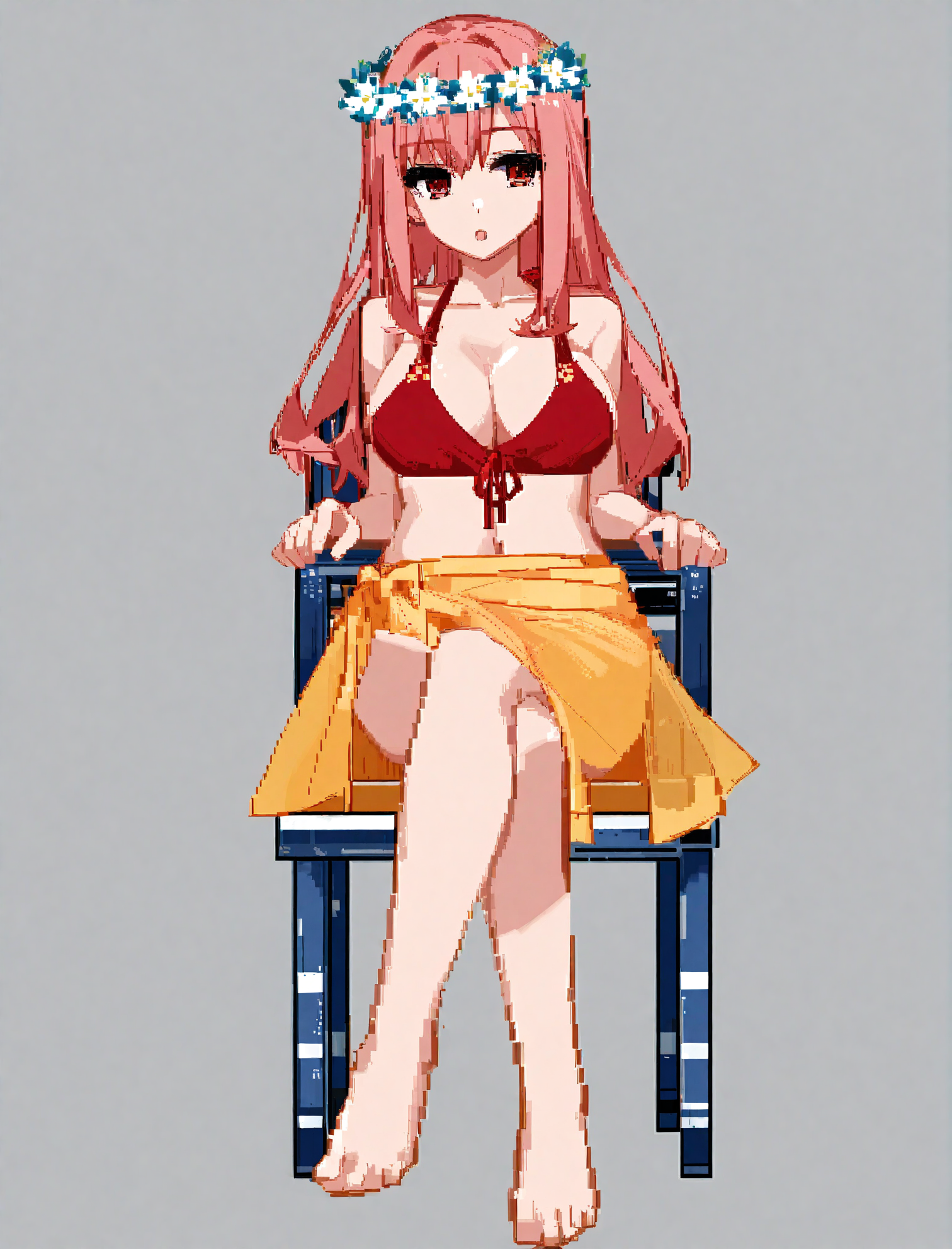 artist:ciloranko,character: Mizuki (ç¾æ) clothes1, 1girl, solo, sitting on chair, crossed legs, full body, long hair, pink hair, large breasts, flower, red eyes, white head wreath, pixel art, :o, yellow sarong, cleavage, navel, collarbone, red bikini, front-tie bikini top
<lora:Mizuki (ç¾æ) v6 (å¤æè£æ­£ååå¾ç¿»è½¬)-000013:1>