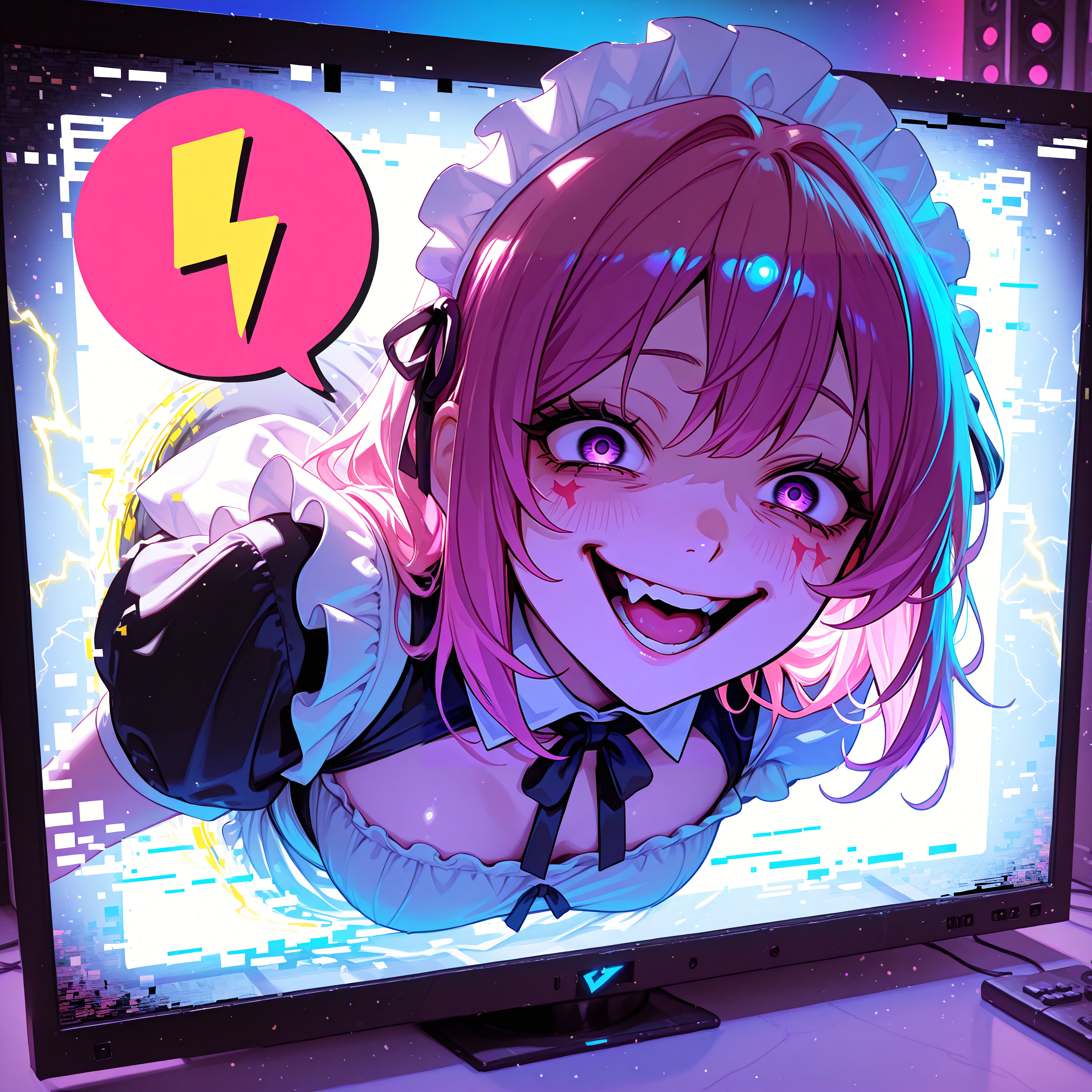 smooth positive, masterpiece, best quality, good quality, newest, highres, absurdres, 8K, bright colors, multicolored background, from above, neon palette, wide angle,  1girl, (glitch effect:1.2), CivChan, crazy smile, purple eyes, pink hair, maid headdress, maid, civitailogo on screen, coming out of monitor, dutch angle, (through screen:1.5), (coming out of television), speech bubble, asking buzz, yellow lightning bolt symbol, 
masterpiece, best quality, good quality, newest, highres, absurdres, 8K, bright colors, <lora:add-detail-xl:2> <lora:CivChan:0.8> <lora:civitlogoIllustrious:1>