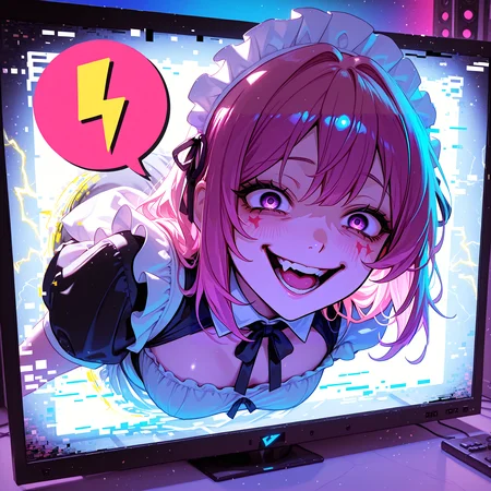 smooth positive, masterpiece, best quality, good quality, newest, highres, absurdres, 8K, bright colors, multicolored background, from above, neon palette, wide angle,  1girl, (glitch effect:1.2), CivChan, crazy smile, purple eyes, pink hair, maid headdress, maid, civitailogo on screen, coming out of monitor, dutch angle, (through screen:1.5), (coming out of television), speech bubble, asking buzz, yellow lightning bolt symbol, 
masterpiece, best quality, good quality, newest, highres, absurdres, 8K, bright colors, <lora:add-detail-xl:2> <lora:CivChan:0.8> <lora:civitlogoIllustrious:1>