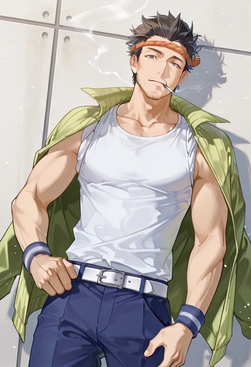 score_9, score_8_up, score_7_up, score_6_up, perfect anatomy, perfect proportions, best quality, masterpiece, high_resolution, high quality, best aesthetic, incredibly absurdres, highres, extremely detailed, huge filesize, solo male, adult, mature male, dilf, middle age, masculine, manly, handsome, charming, alluring, standing, upper body, dutch angle, cowboy shot, perfect face, source_game \SaGa Frontier\), official style \(SaGa Frontier\), Gen \(SaGa Frontier\), SGFGen, black eyes, black hair, short hair, facial hair, stubble, SGFGen_outfit02, headband, hachimak \(headband\), twisted hachimaki \(headband\),Japanese workwear, white shirt, sleeves rolled up to shoulders, sleeveless, Japanese workwear pants, blue pants, white belt, wristband, wrist wrap, jacket over shoulders, green jacket, geta footwear, cigarette, smoking