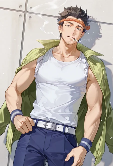 score_9, score_8_up, score_7_up, score_6_up, perfect anatomy, perfect proportions, best quality, masterpiece, high_resolution, high quality, best aesthetic, incredibly absurdres, highres, extremely detailed, huge filesize, solo male, adult, mature male, dilf, middle age, masculine, manly, handsome, charming, alluring, standing, upper body, dutch angle, cowboy shot, perfect face, source_game \SaGa Frontier\), official style \(SaGa Frontier\), Gen \(SaGa Frontier\), SGFGen, black eyes, black hair, short hair, facial hair, stubble, SGFGen_outfit02, headband, hachimak \(headband\), twisted hachimaki \(headband\),Japanese workwear, white shirt, sleeves rolled up to shoulders, sleeveless, Japanese workwear pants, blue pants, white belt, wristband, wrist wrap, jacket over shoulders, green jacket, geta footwear, cigarette, smoking