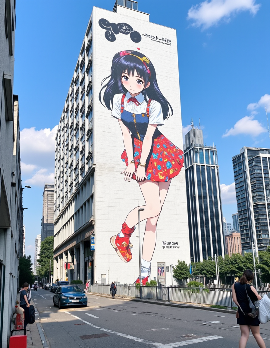 <lora:CWWalls1fluxb:1> wabkg, realistic world, photo. In a city, focus on the surface of a modern tall building wall there is a colorful drawing of a cute japanese animation woman. Full body. Embossed effect. Day with blue sky and white clouds. From low angle. People on the sidewalk.