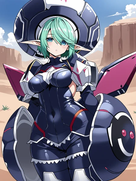 score_9, score_8_up, score_7_up, source_anime, BREAK
desert, blue sky, <lora:PSO2_MelrandiaCandyCrown_Pony_v1:0.95>, (pso2mlrndcc:1.5), (very short hair, elf:1.5), green hair, (hat:1.5), (hair over eyes, swept bangs:1.25), hair over one eye, blue eyes, leotard, (bodysuit, shorts:1.5), white thighhighs, platform shoes, puffy shoulders, (mechanical wings:1.5), medium breasts, (thigh armor:1.7),
