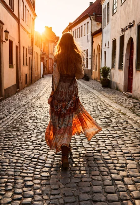a woman in a flowing bohemian dress and ankle boots, walking along a cobblestone street in an old town, warm sunset light