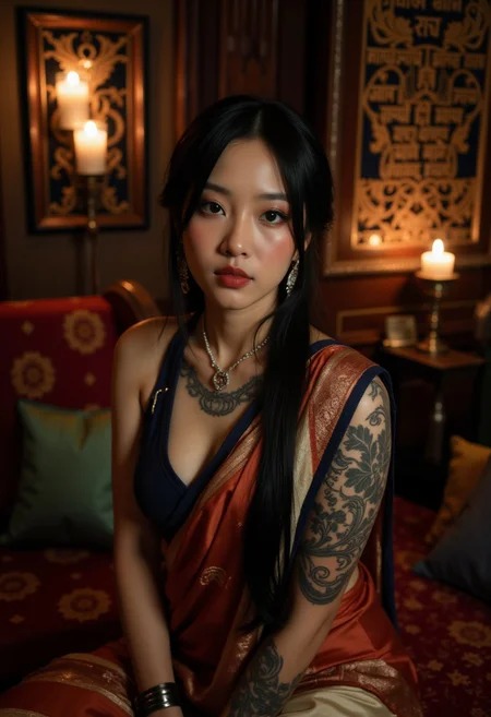 A breathtaking ultra-realistic movie style full body picture of a 35-year-old (Swedish :1.8) goth girl with very pale skin tone, luminous skin glowing under dramatic, cinematic lighting inspired by macro photography from a 64-megapixel DSLR. long black ponytail, dark lipstick, smoky eyeliner, and facial piercings, including a septum ring, nose stud, and lip ring. Intricate tattoos span her body, subtly catching the light. (She wears a saree of vermilion, soft ivory, and smoky indigo and distinguishable Indian designs: 1.8). (Standing: 1.1). Muscular. She holds a subtly seductive expression that exudes quiet confidence and allure, her piercing gaze locking with the viewer. The setting is a dimly lit, luxurious indoor space with warm, earthy tones and Indian touches, such as intricately carved wooden panels, soft silk cushions, and a faint glow from brass oil lamps casting gentle, flickering shadows. Behind her, an ornate wall features with Hindi or Sanskrit text, illuminated by soft silver light. The lighting design emphasizes her exceptionally pale skin, creating a striking contrast against the richness of her surroundings. Every detail of her features, makeup, tattoos, and attire is vividly showcased, blending elegance with modern gothic allure.