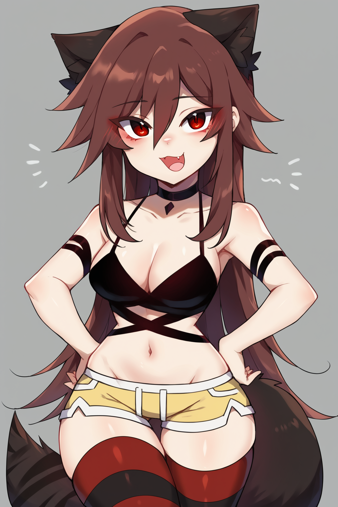 score_9, score_8_up, score_7_up, source_anime, 1girl, solo, <lora:Crdyiaa-OC_epoch_7:1.0>
crydiaa-oc, red eyes, smile, animal ears, bangs, open mouth, wolf tail, tail, red hair, brown hair, wolf ears, hair between eyes, eyes visible through hair, fang, thighs, very long hair, blush, long hair, animal ear fluff,
cowboy shot, grey background, looking at viewer, simple background,
striped thighhighs, choker, black thighhighs, cleavage, striped, thighhighs, collarbone, black choker, red thighhighs, yellow shorts, navel, 
standing, hands on own hips,