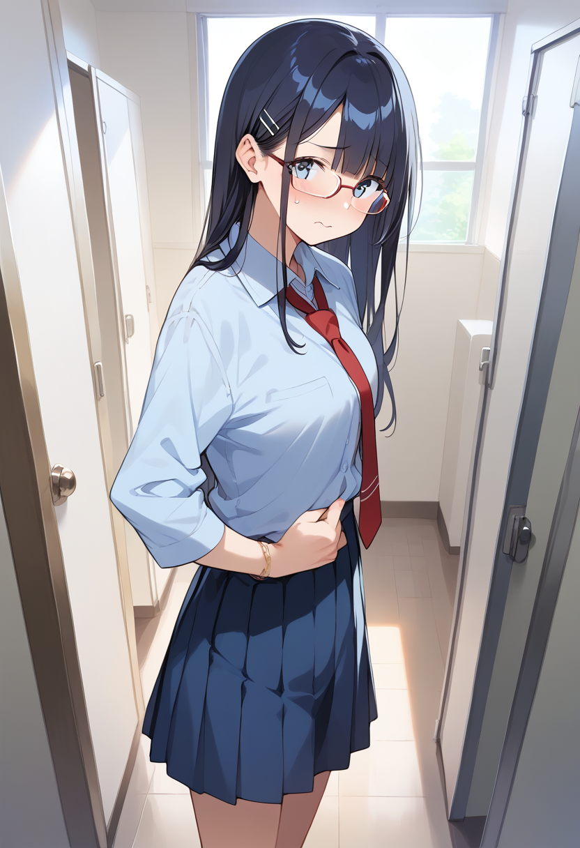 score_9, score_8_up, score_7_up, rating_safe, masterpiece, best quality, absurdres, unity 8k wallpaper, official art, official style, source_anime, game cg, megami magazine,
1girl, solo, glasses, black hair, long hair, blue eyes, collared shirt, red necktie, pleated skirt, blue skirt, looking at viewer, blush, embarrassed, 
danshitoire, syobenki, urinal,  koshitsu, door, indoors, window, scenery, day,
<lora:danshi_toilet_PONY_V5:0.6>