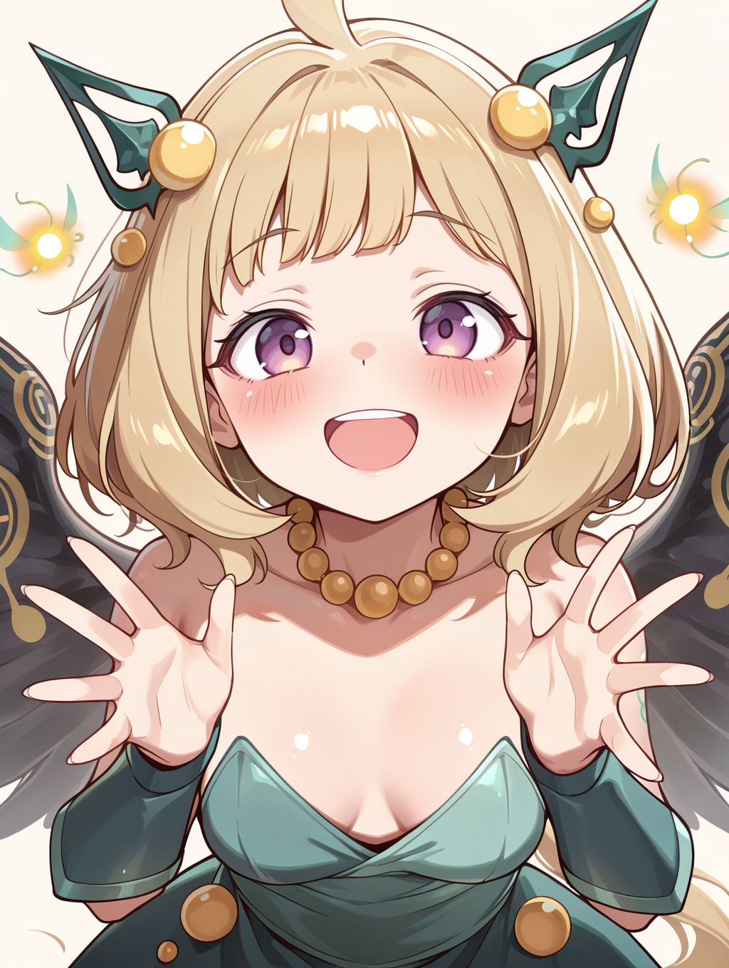 hugin the runick wings, 1girl, solo, open mouth, smile, yellow necklace, hands up, :d, upper body, green strapless dress, blush, simple background, green vambraces, fairy, minigirl, green hair ornament, from above,
masterpiece,best quality,amazing quality,very aesthetic,absurdres,newest,<lora:Hugin the runick wings illuXL v1:0.75>,