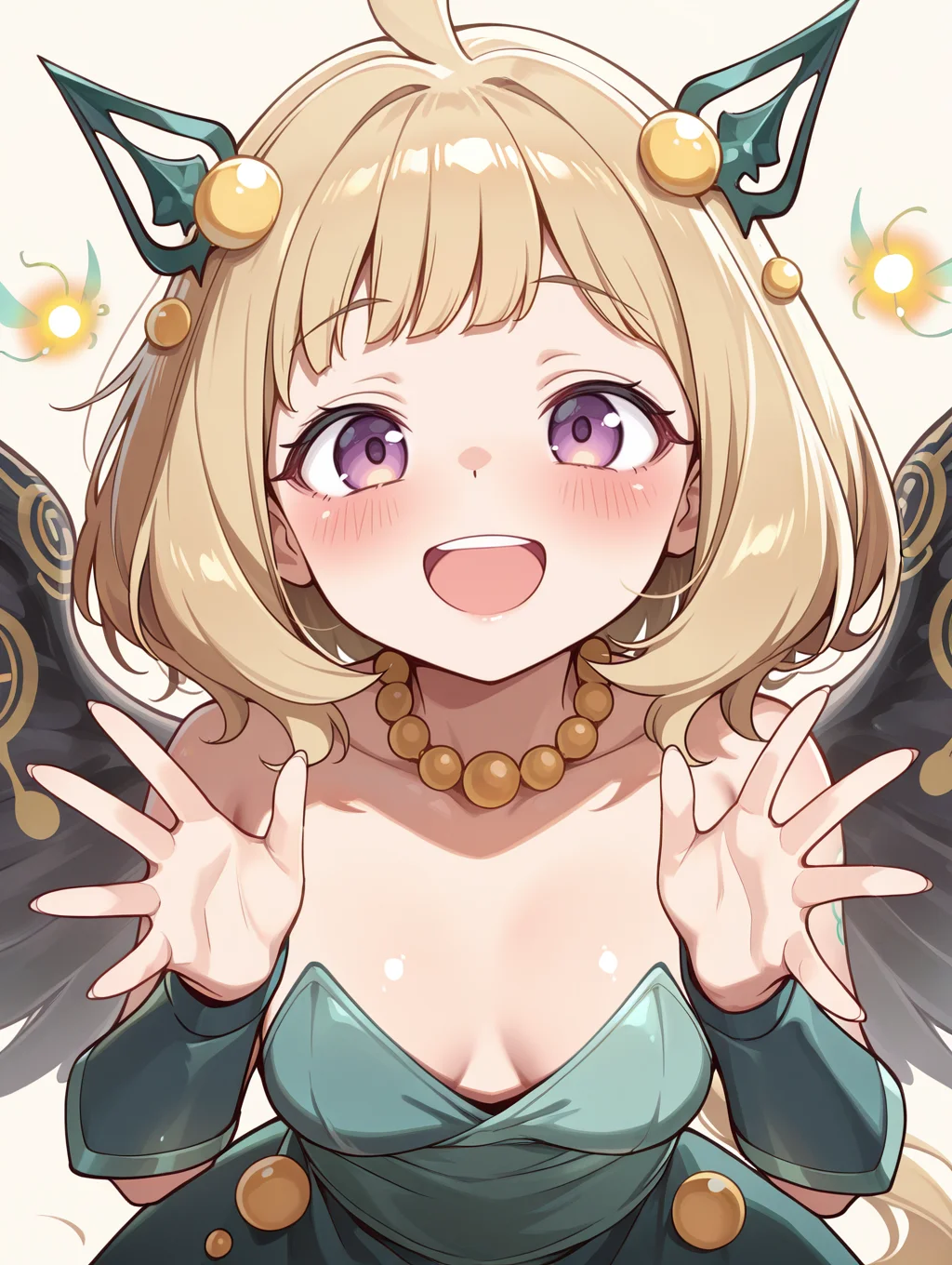 hugin the runick wings, 1girl, solo, open mouth, smile, yellow necklace, hands up, :d, upper body, green strapless dress, blush, simple background, green vambraces, fairy, minigirl, green hair ornament, from above,
masterpiece,best quality,amazing quality,very aesthetic,absurdres,newest,<lora:Hugin the runick wings illuXL v1:0.75>,