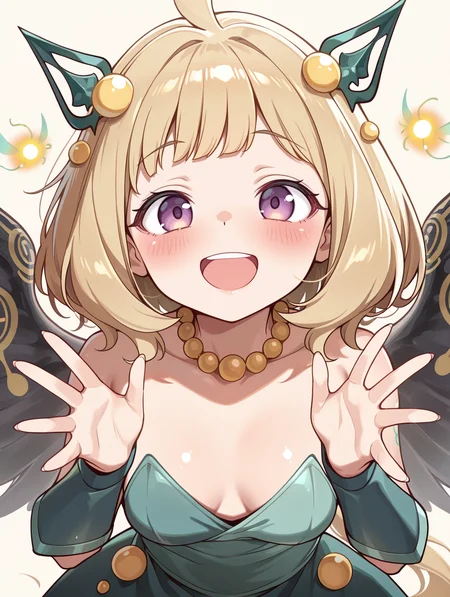 hugin the runick wings, 1girl, solo, open mouth, smile, yellow necklace, hands up, :d, upper body, green strapless dress, blush, simple background, green vambraces, fairy, minigirl, green hair ornament, from above,
masterpiece,best quality,amazing quality,very aesthetic,absurdres,newest,<lora:Hugin the runick wings illuXL v1:0.75>,
